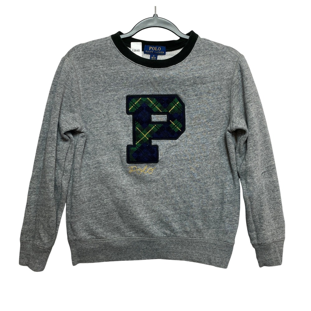 Polo Ralph Lauren Sweatshirt Kids M 10-12 Grey Varsity Plaid P Patch Pullover